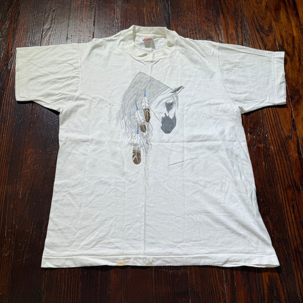 Vintage Horse Graphic T Shirt Mens L White Fruit of the Loom Single Stitch USA